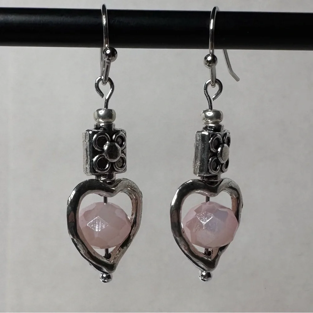 HAND CRAFTED Floral Heart Earrings 1 1/2” Silver Pink NWT
